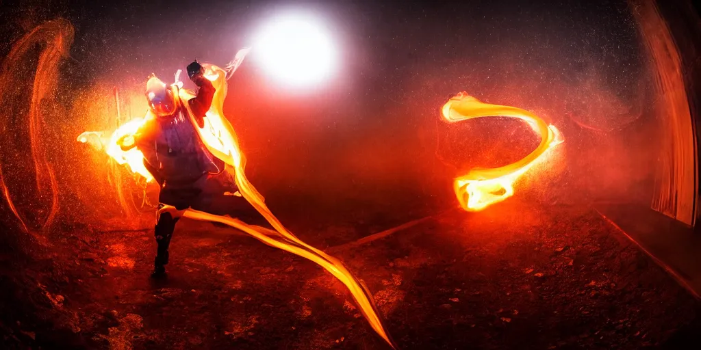 Image similar to fisheye slow motion with trail fire effect of futuristic break dancer wearing long dark cloak and golden helmet emitting fire, long exposure shot , enigmatic, at night in the middle of the arctic with red light A letter, paddle of water, steam, fog, water splashes, rim lights, glossy reflections, water droplets on lens, octane render, Volumetric dynamic lighting, stunning cover magazine, high details, hajime sorayama