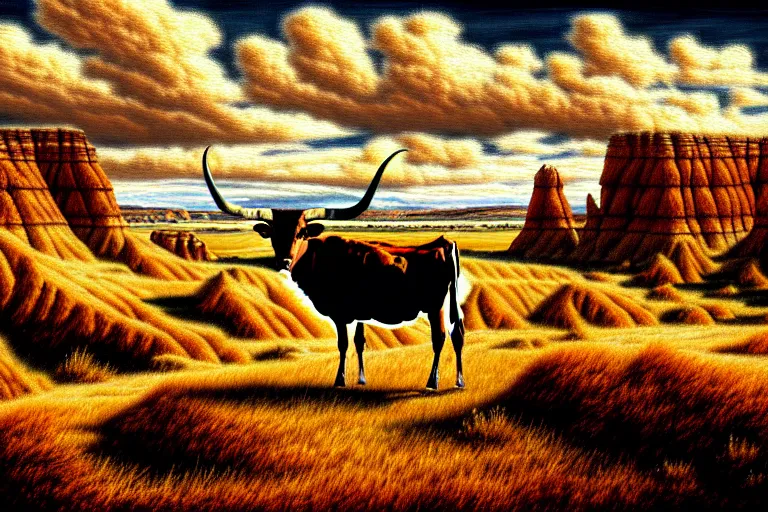 Prompt: a oil panting of a longhorn steer on a bluff in utah badlands, in the style of johfra bosschart, digital painting, extremely moody, highly detailed, sharp focus, illustration, key visual, unreal engine