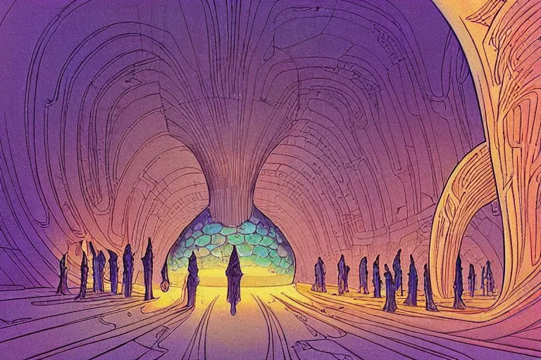 Prompt: delicate retro scifi illustration by jean moebius giraud of a large group of people entering the glowing doorway of a massive vulva - shaped temple constructed of carved iridescent pearls and house - sized crystals of impossible architecture floating in the astral plane, trending on cgsociety.