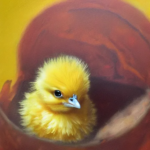 Image similar to a baby chick king, oil in canvas style