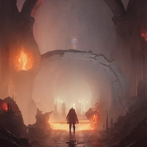 Image similar to gates to hell, by greg rutkowski, sung choi, photo realistic, 8 k, cinematic lighting, hd, atmospheric, hyperdetailed, trending on artstation, devainart, digital painting, glow effect