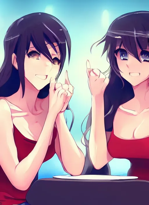 Image similar to two beautiful mothers sitting across from each other, tank tops, gorgeous faces, thick lines, cinematic lighting, detailed anime art