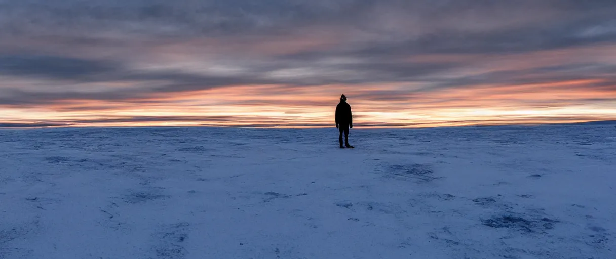 Prompt: a high quality color extreme closeup depth of field creepy hd 4 k film 3 5 mm photograph of the faint barely visible silhouette of a bulky man standing on the edge of a vista overlooking mcmurdoch station in antarctica at the beginning of sunset