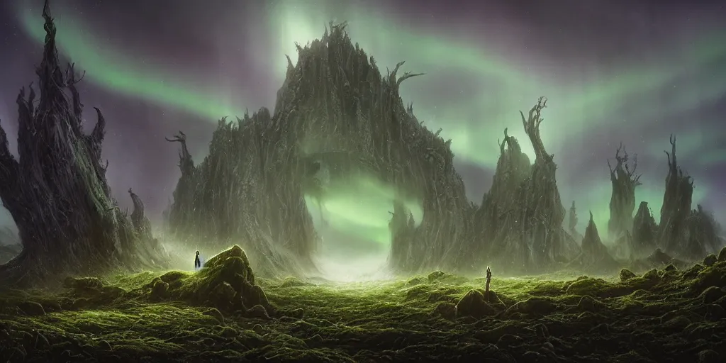 Image similar to evil eldritch lovecraftian scenery landscape, lord of the rings, aurora borealis, mist, monoliths, tentacles, fungal growths, moss highly detailed, bleak color, perfect lighting, perfect composition, 8 k, brian froud, artgerm, derek zabrocki, greg rutkowski