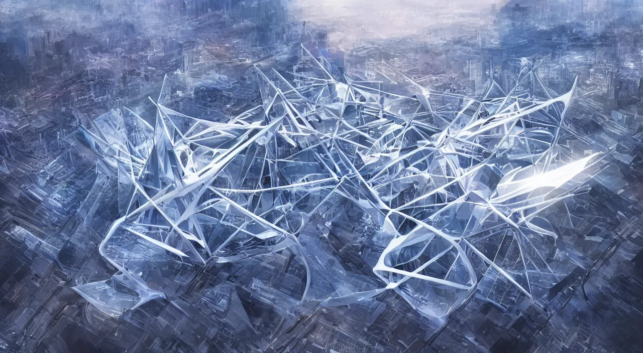 Image similar to zaha hadid, tron, tower structure, clouds megastructure, god rays, neon, cyber mech, axonometric grid, tensegrity, aggregate on the mountain peak