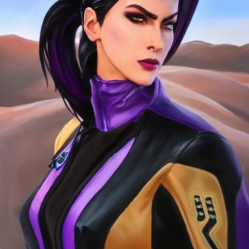 Image similar to oil painting of widowmaker from overwatch in the desert, black and purple jacket, beautiful face, detailed eyes, very detailed face, feminine face, full body