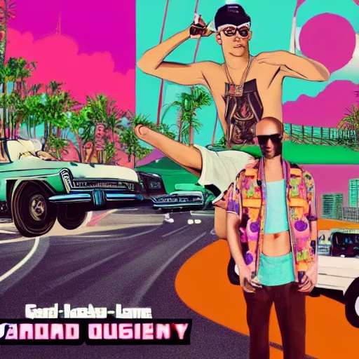 Image similar to bad bunny yonaguni music video bad bunny in the style of grand theft auto v cover art