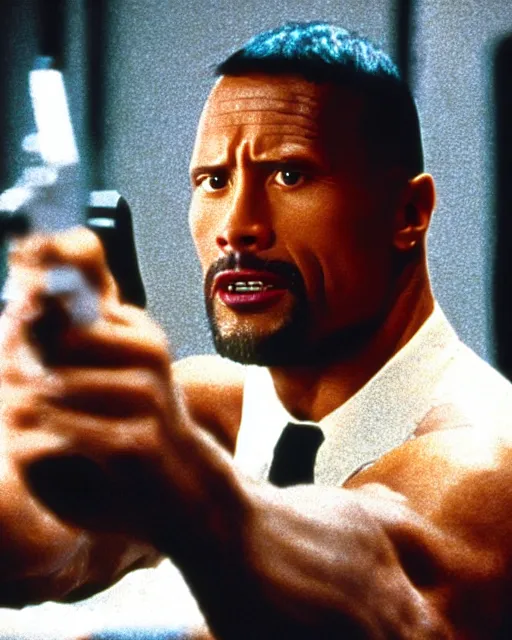 Image similar to Film still close-up shot of Dwayne Johnson in the movie Pulp Fiction. Photographic, photography