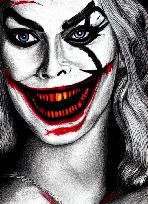 Image similar to a drawing margot robbie with joker makeup, ace card, realistic face, black and white, hyper realistic, highly detailed