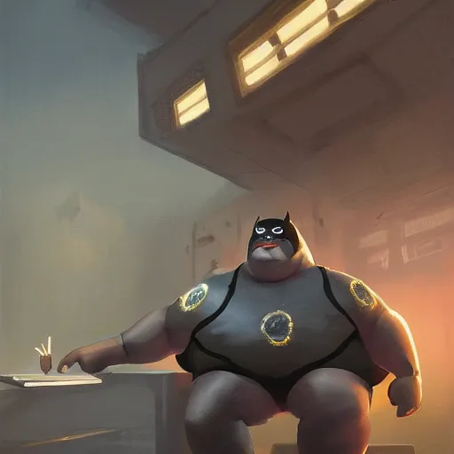Image similar to a insanely detailed painting of a fat masked superhero wearing a costume sitting at a desk, staring at the nervously at the computer and clicking on the mouse, in the style of peter mohrbacher, dramatic lighting and composition, trending on artstation, concept art, comic book