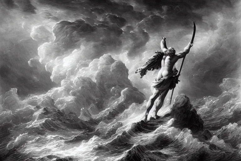 Prompt: highly detailed and cinematic romantic, edge of the universe, the great roman demigod with a gladius, symmetrical face, magical, roman myth, masterpiece, crashing waves, lightning, highly detailed painting by gustave dore