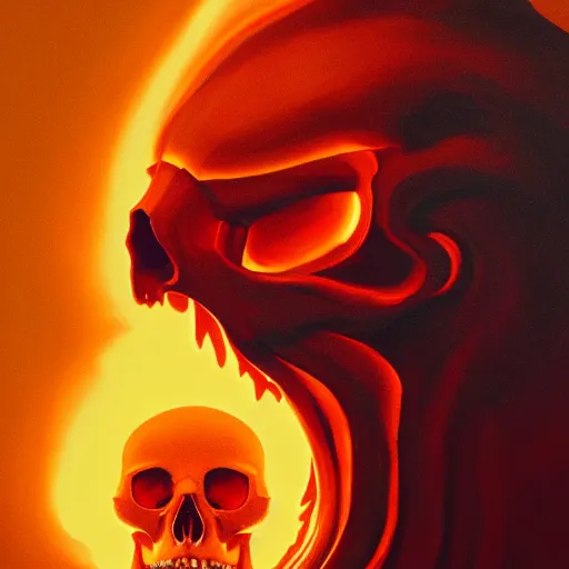 Image similar to A stunning profile of a symmetrical skull engulfed in fire Simon Stalenhag, Trending on Artstation, 8K