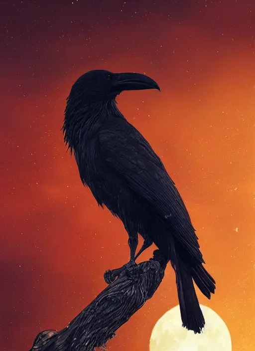 Image similar to red and golden color details, portrait, A crow with red eyes in front of the full big moon, book cover, red tree, red white black colors, establishing shot, extremly high detail, foto realistic, cinematic lighting, by Yoshitaka Amano, Ruan Jia, Kentaro Miura, Artgerm, post processed, concept art, artstation, raphael lacoste, alex ross, portrait, A crow with red eyes in front of the full big moon, book cover, red roses, red white black colors, establishing shot, extremly high detail, photo-realistic, cinematic lighting, by Yoshitaka Amano, Ruan Jia, Kentaro Miura, Artgerm, post processed, concept art, artstation, raphael lacoste, alex ross