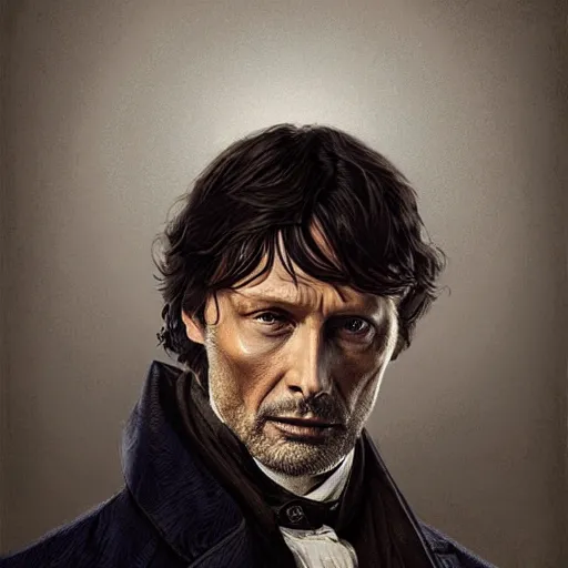 Image similar to portrait of Mads Mikkelsen as Sherlock Holmes, elegant, intricate, headshot, highly detailed, digital painting, artstation, concept art, sharp focus, illustration, art by artgerm and greg rutkowski and alphonse mucha