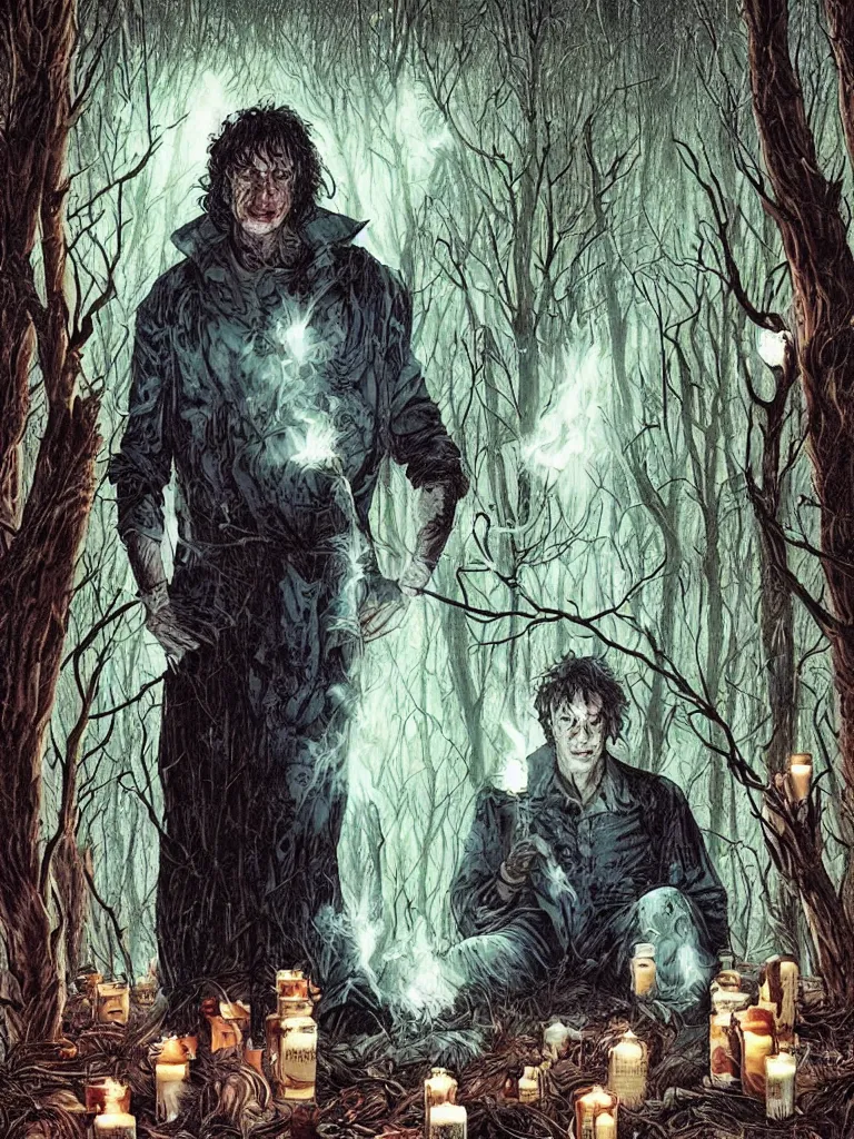 Prompt: neil gaiman sandman surrounded by candles in a deserted forest by lee bermejo and greg rutkowski in vivid color scheme