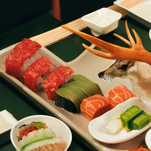 Prompt: photograph of a deer eating sushi