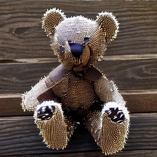 Prompt: teddy bear made from steel needles