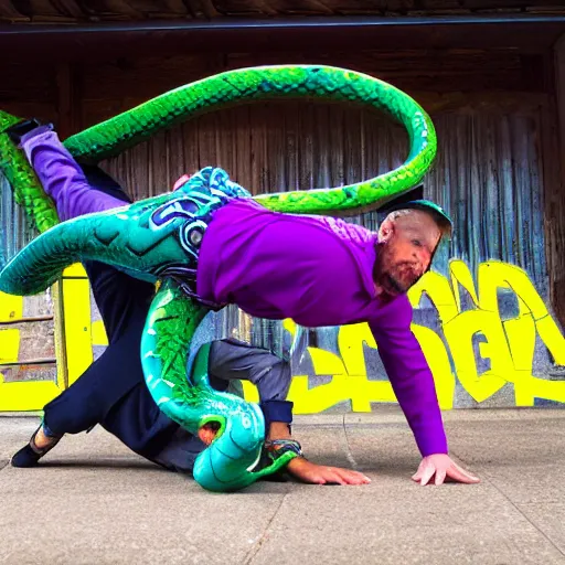 Prompt: breakdancing snake oil salesman, purple green cowboy b-boy, wildystyle