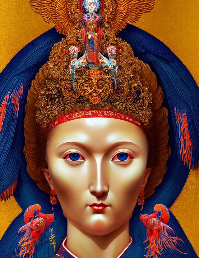 Image similar to 3 d goddess close - up profile portrait russian orthodox icon with ram skull. beautiful intricately detailed japanese crow kitsune mask and clasical japanese kimono. betta fish, jellyfish phoenix, bio luminescent, plasma, ice, water, wind, creature, artwork by tooth wu and wlop and beeple and greg rutkowski