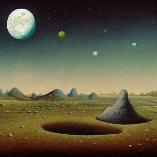 Image similar to a landscape on the moon with many craters, barren moon landscape, in a big crater at the center there is a beautiful flowering garden, 8 k, lowbrow in the style of martin johnson heade, roger dean, mark ryden and daniel merriam,