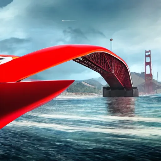 Image similar to concpet art featuring a futuristic red racing speedboat designed in the style of ferrari at golden gate park. bridge in background. fine detail. surf. this 4 k hd image is trending on artstation, featured on behance, well - rendered, extra crisp, features intricate detail, epic composition and the style of unreal engine.