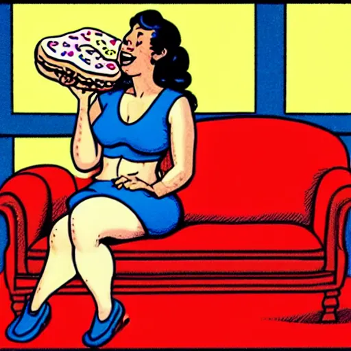 Image similar to a happy robust woman laying on a couch eating donuts, artist robert crumb