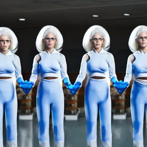 Image similar to line of six identical athletic female clones in formation, white hair, tight light blue neopren suits, elevated conveyor belt, futuristic chemistry lab, sci - fi, highly detailed, cinematic