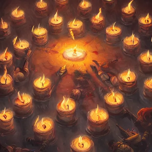 Prompt: highly detail painting of a a group of sorcerers conducting a ritual in a ring of candles in the style of Greg rutkowski and Peter mohrbacher