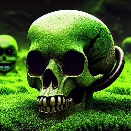 Prompt: a alien skull in the ground with green stuff around it, realistic, 8 k, extremely detailed, cgi, trending on artstation, hyper - realistic render, 4 k hd wallpaper, premium prints available, by greg rutkowski