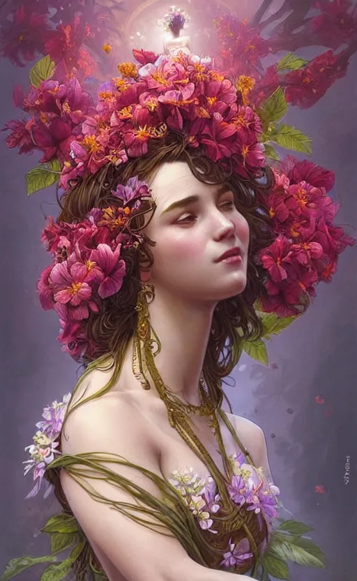 Image similar to portrait of a goddess of hibiscus! covered in flowers!, half body, perfect face!!, d & d, fantasy, intricate, elegant, highly detailed, digital painting, artstation, concept art, smooth, sharp focus, illustration, art by artgerm and greg rutkowski and alphonse mucha