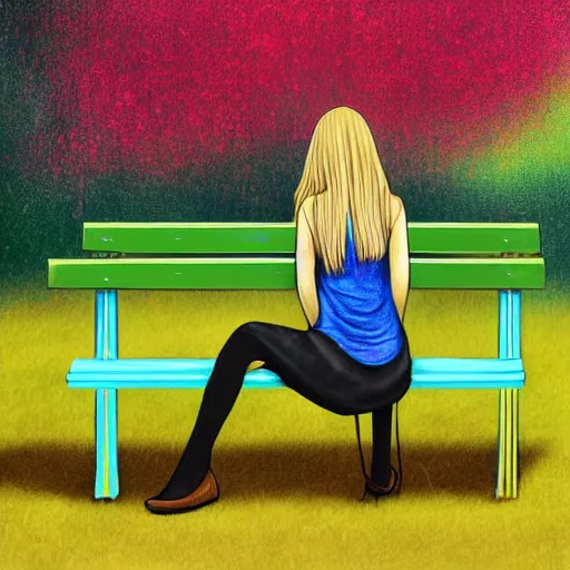 Prompt: a young woman with long blond hair sitting on a green bench with her head in her hands, digital art, deviant art