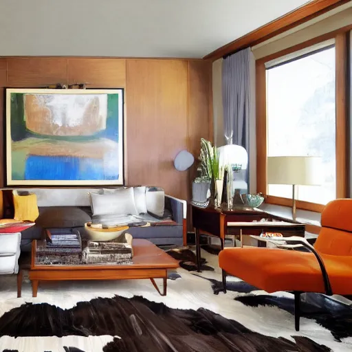 Image similar to mid century modern american life style living room interior by kelly wearstler, photorealism, detailed