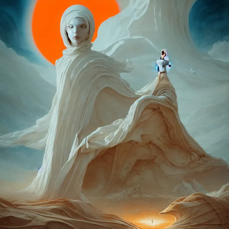 Prompt: one lone singular swirling otherworldly angelic figure shrouded in orange robes emerges from extensive barren white dunescape, gigantic ancient head sculpture, matte painting by peter mohrbacher and filip hodas, background basilica! sacre coeur, godrays, high contrast, highly detailed