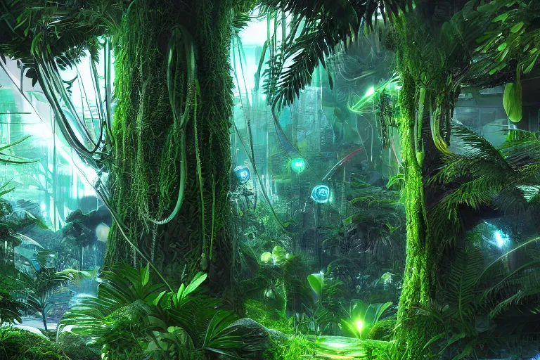 Prompt: neon futuristic rainforest, detailed render, hyperrealistic, cgsociety, artstation, 4k