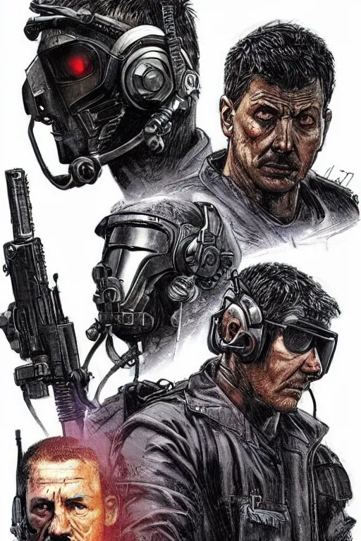 Image similar to Hector. Deadly blackops mercenary in tactical gear and cyberpunk headset. Blade Runner 2049. concept art by James Gurney and Mœbius.