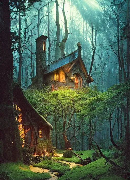 Image similar to hyper realistic witch cottage with mood lighting and technology in the woods gorgeous lighting, sunbeams blue sky, highly detailed, lush forest foliage painting by zdzisław beksinski and norman rockwell and greg rutkowski weta studio, and lucasfilm