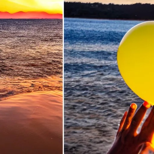 Prompt: a human hand with five fingers holding a yellow balloon sticking out of the ocean with a red sky in the background by chris bilheimer