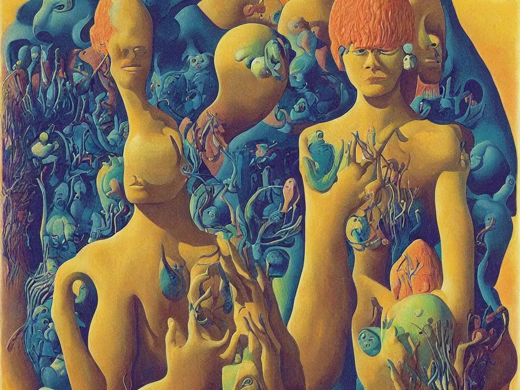 Image similar to Portrait of the African god albino holding the caged fantastic psychedelic bird at her chest, sculpture, Henri Moore giant, blue eyed, flowing milk, lightning network. Boulders of spiked fungi. Painting by Rene Magritte, Jean Delville, Max Ernst, Maria Sybilla Merian, Roger Dean