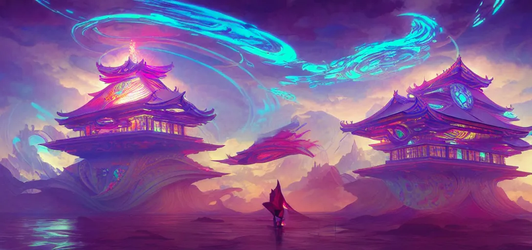 Image similar to a floating temple, channeling swirling energy, wearing netrunner clothing, vaporwave aesthetic, colorful, psychedelic, digital painting, artstation, concept art, smooth, sharp focus, illustration, art by artgerm and greg rutkowski and alphonse mucha