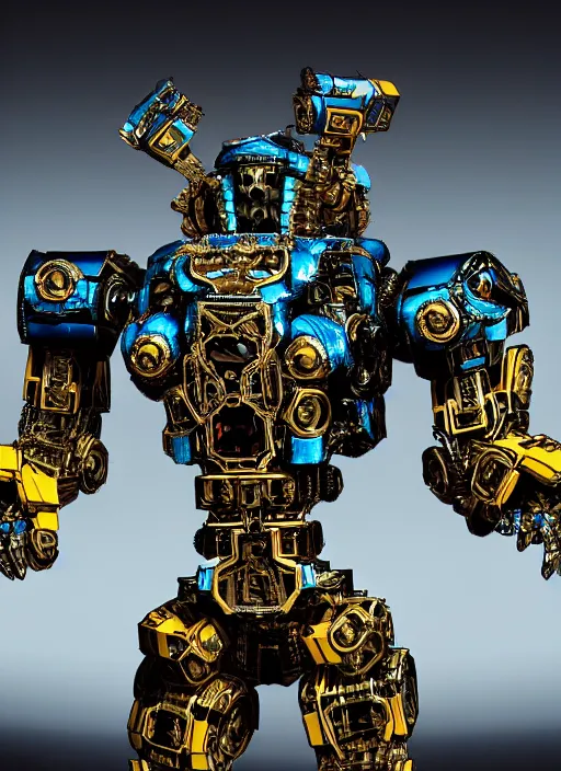 Image similar to a intricate ornate boxing humanoid mecha, punk, by war robots, real steel ( 2 0 1 1 ), westworld and pacific rim movie and ps 5 game machine warrior 5, cryengine, frostbite 3 engine, blue and yellow scheme, sharp focus, 8 k, high definition, insanely detailed, soft lighting, smooth face