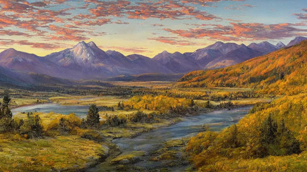 Prompt: The most beautiful panoramic landscape, oil painting, where the mountains are towering over the valley below their peaks shrouded in mist, the sun is just peeking over the horizon producing an awesome flare and the sky is ablaze with warm colors, lots of birds and stratus clouds. The river is winding its way through the valley and the trees are starting to turn yellow and red, by Greg Rutkowski