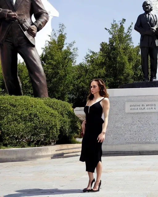 Image similar to Actress Eliza Dushku gets her picture taken in front of the waving George w. Bush statue in Fushë Kruje's main square during a trip to Albania, photographed in the style of National Geographic