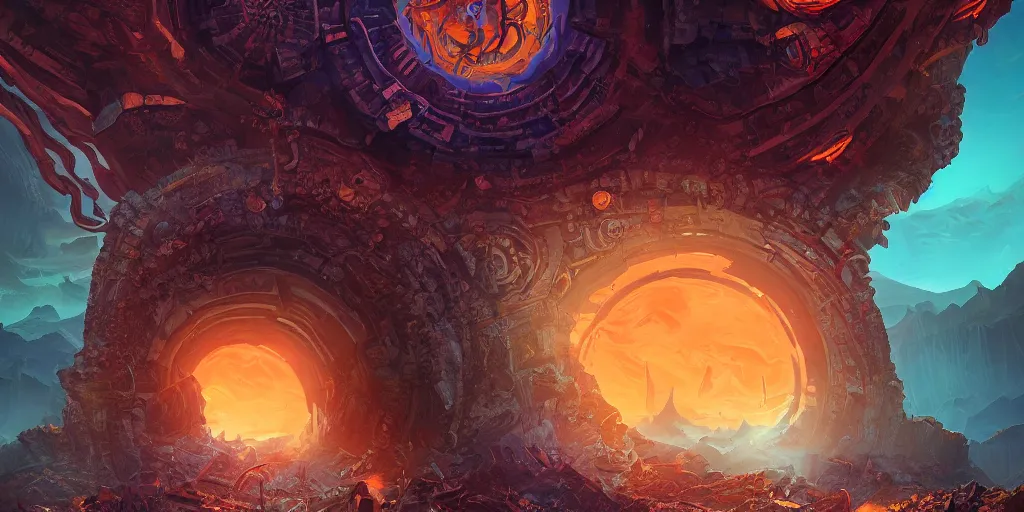 Prompt: deep vibrant colors, a large zelda windwalker moongate portal in the valley of Dead Souls, filled with doom and danger, hyper detailed, dieselpunk, tranquility, cinematic atmosphere, trending on artstation, cgsociety, pressed penny art