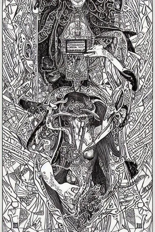 Image similar to marisa kirisame, intricate, amazing line work, colorful, tarot cards, the devil tarot card