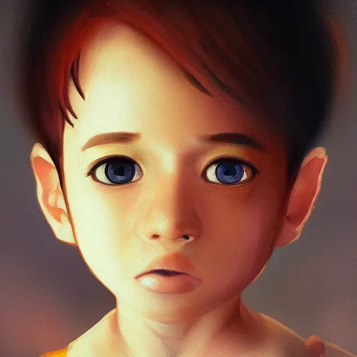 Prompt: Beautiful portrait of a young boy with goldfish eyes, in a romantic romantic setting on a painting by Miyazaki, artstation trending, painterly, 8k