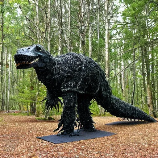 Image similar to mossy recycled tire sculpture of a tyrannosaurus in the forest