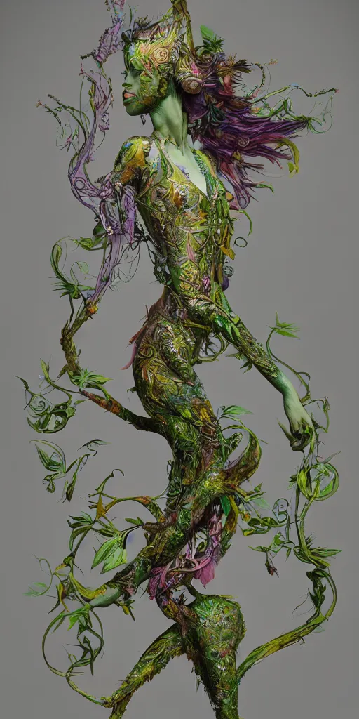 Prompt: a sculpture of mythical creatures by hannah yata, elegant female emerging from feathers and plants, leaves and vines, artstation, concept art, ambient occlusion, vray render,