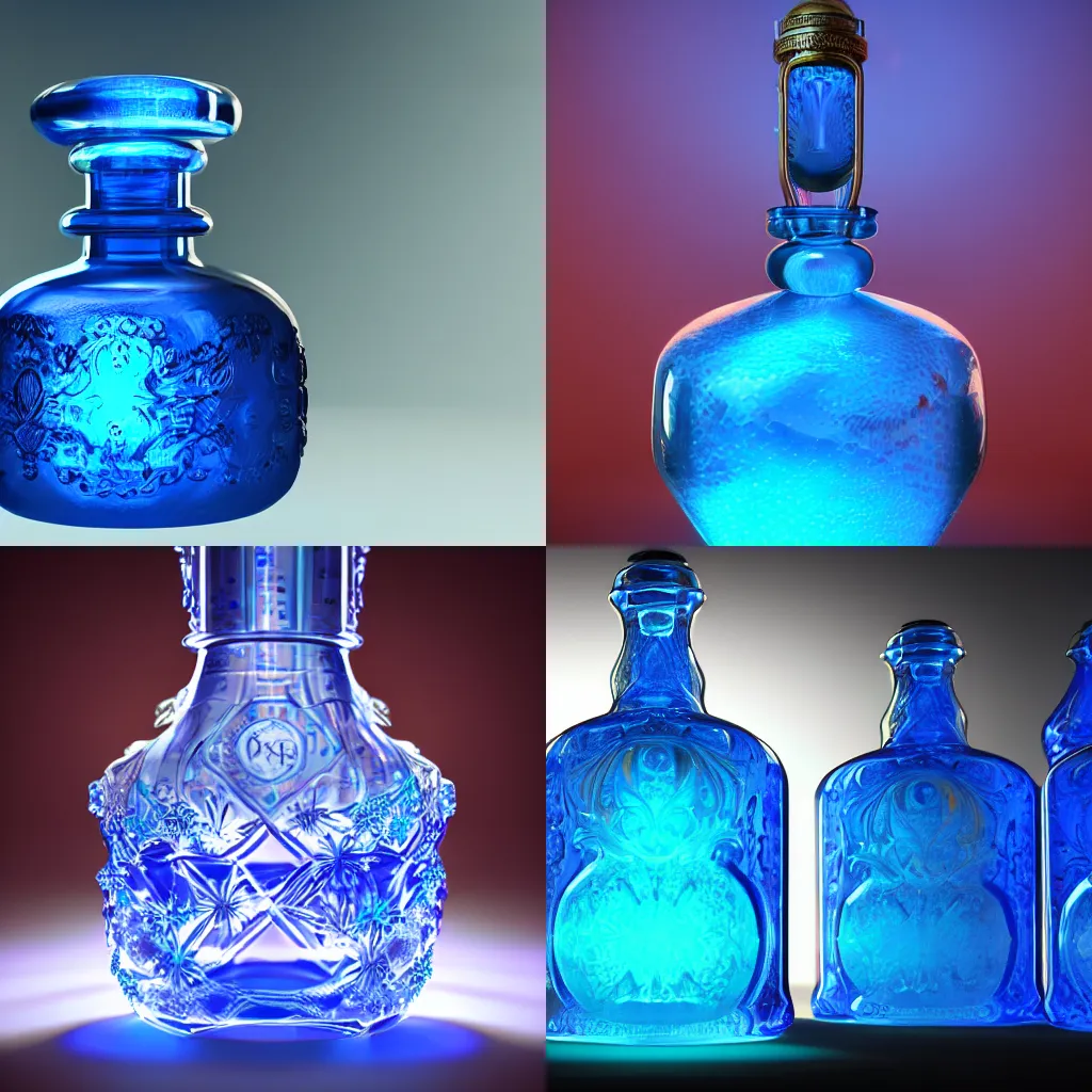 Prompt: An ornate potion bottle containing glowing blue liquid, 4k octane render, dramatic lighting, trending on Artstation