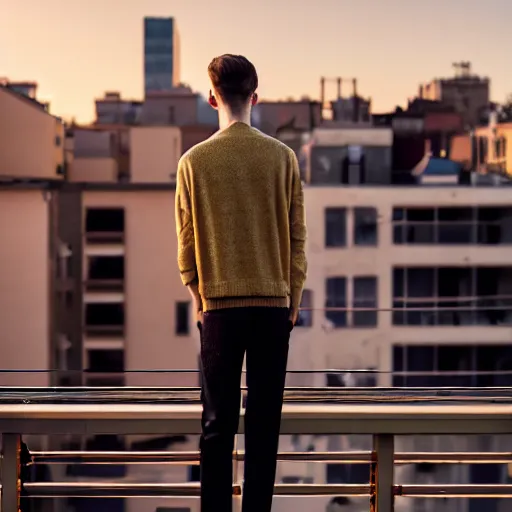 Prompt: un ultra high definition fashion editorial photographic portrait of a pale young man standing on the rooftop of an apartment building wearing all eclectic clothes. wide angle. three point light. extremely detailed. golden hour, golden ratio, ray tracing, volumetric light, shallow depth of field.
