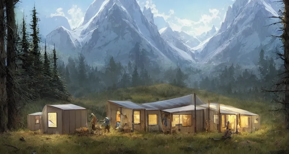 Image similar to cabela's beautiful comfortable self contained modular insulated wall container home kit - house all weather family dwelling tent house, person in foreground, mountainous forested wilderness open fields, beautiful views, painterly concept art, environmental concept art, concept art illustration, by james gurney, by craig mullins, by greg rutkowski trending on artstation